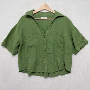 Kut From The Kloth Shirt Womens Med Linen Green Oversized Button Up Blouse Top